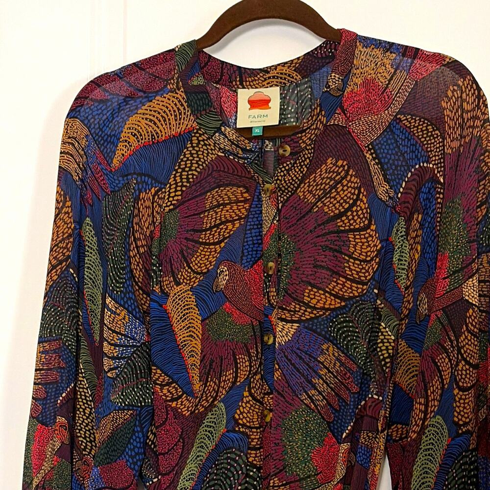 FARM Rio Tropical Print Shirt puff sleeves Boho maxi dress xl